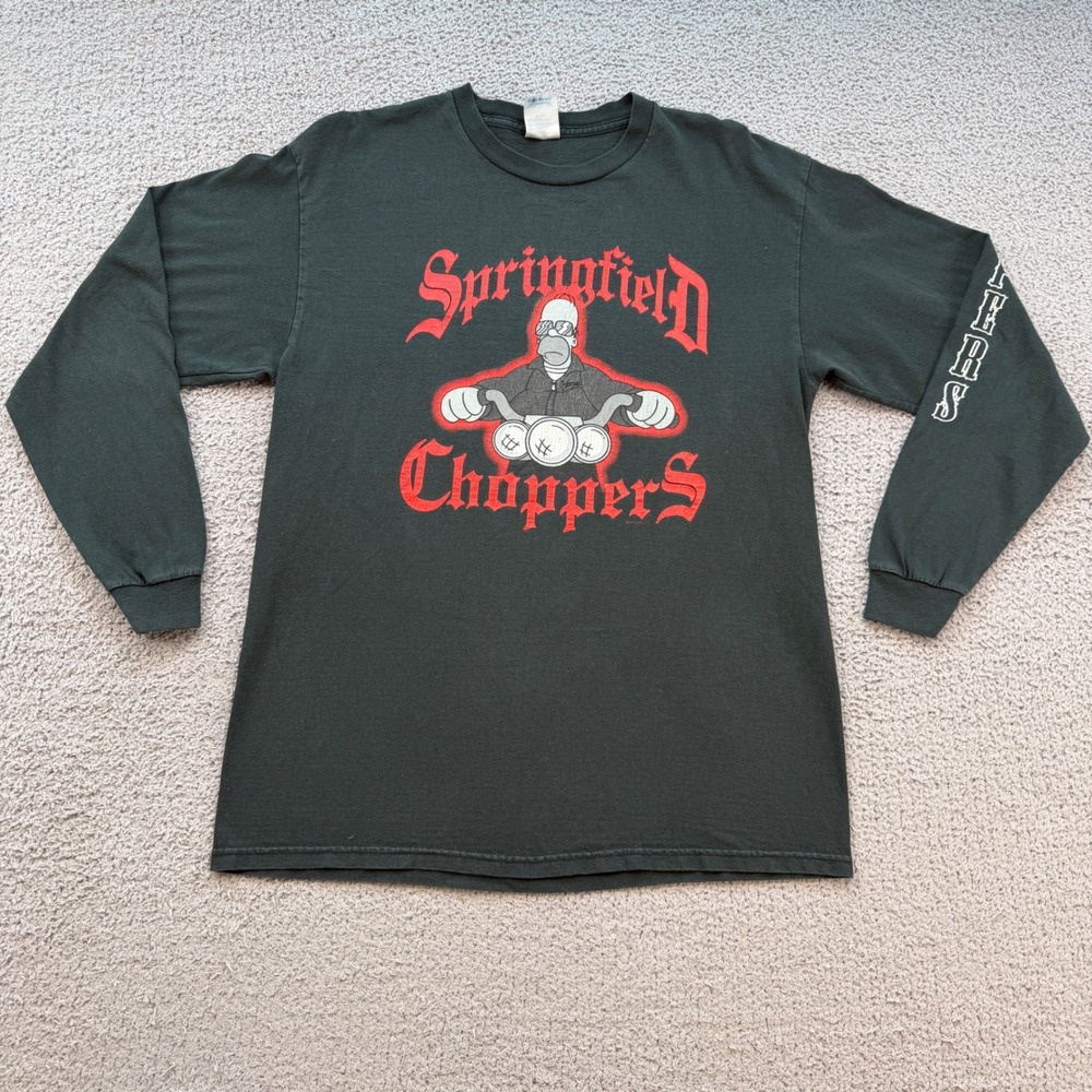 Vintage Simpsons Springfield Choppers Homer Biker Long Sleeve Shirt Black Large
